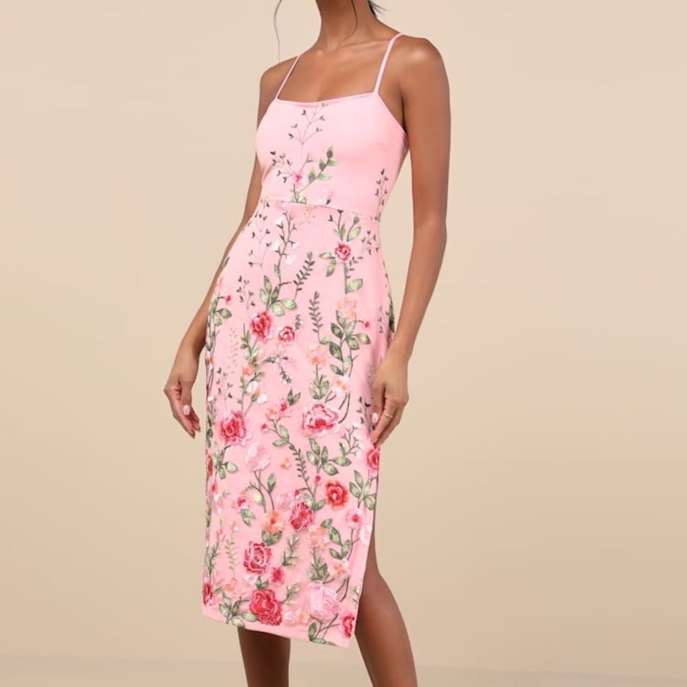 Lulu's Pink Floral Embroidered Midi Dress